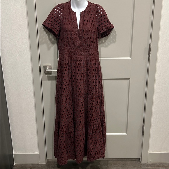 Anthropologie Somerset Maxi Dress Eyelet Edition Tiered Chocolate BROWN L - Picture 6 of 12